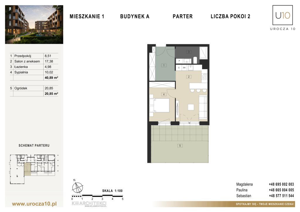 Rzut mieszkania A.01 — Mieszkanie 1 • Budynek A • Parter • 2 pokoje