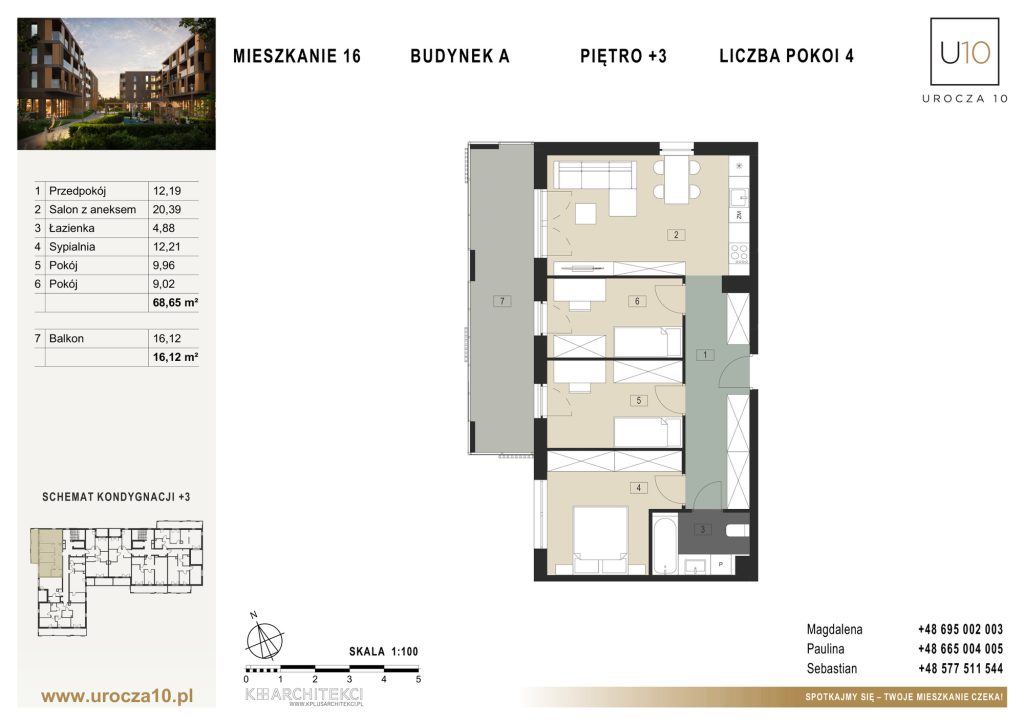 Rzut mieszkania A.16 — Mieszkanie 16 • Budynek A • Piętro +3 • 4 pokoje