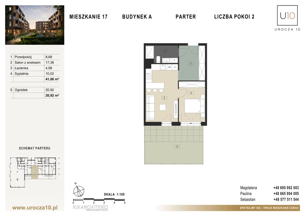 Rzut mieszkania A.17 — Mieszkanie 17 • Budynek A • Parter • 2 pokoje