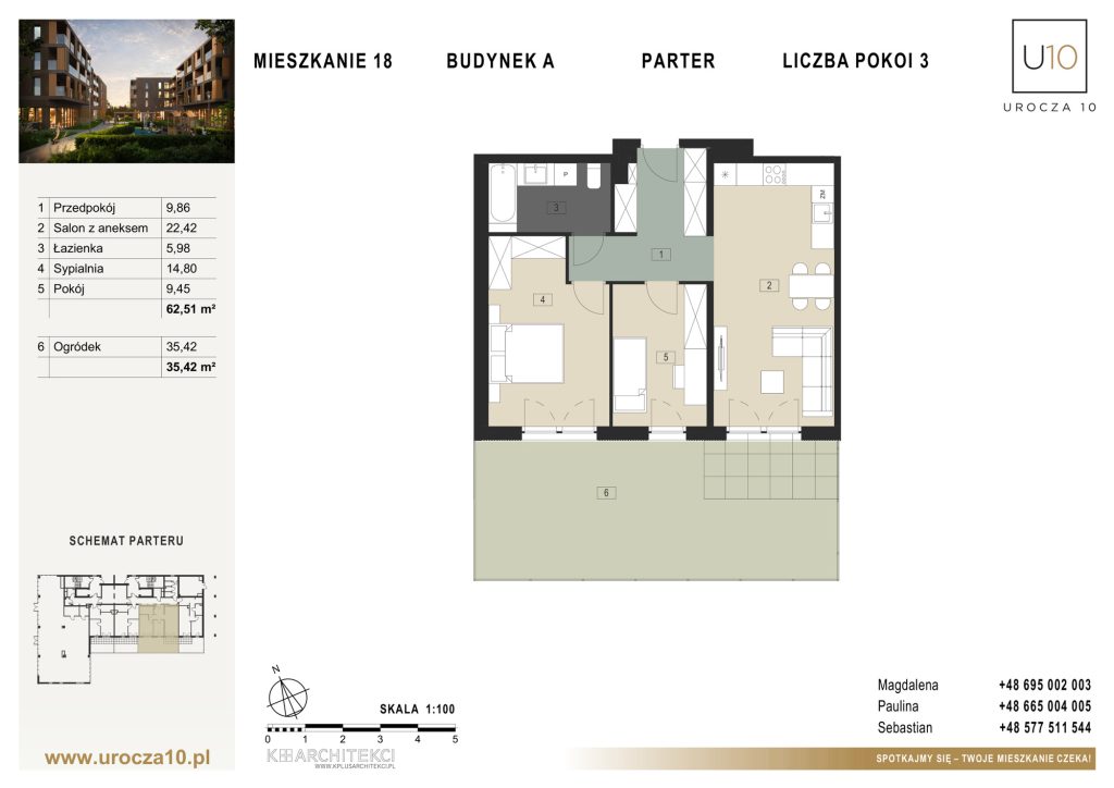 Rzut mieszkania A.18 — Mieszkanie 18 • Budynek A • Parter • 3 pokoje