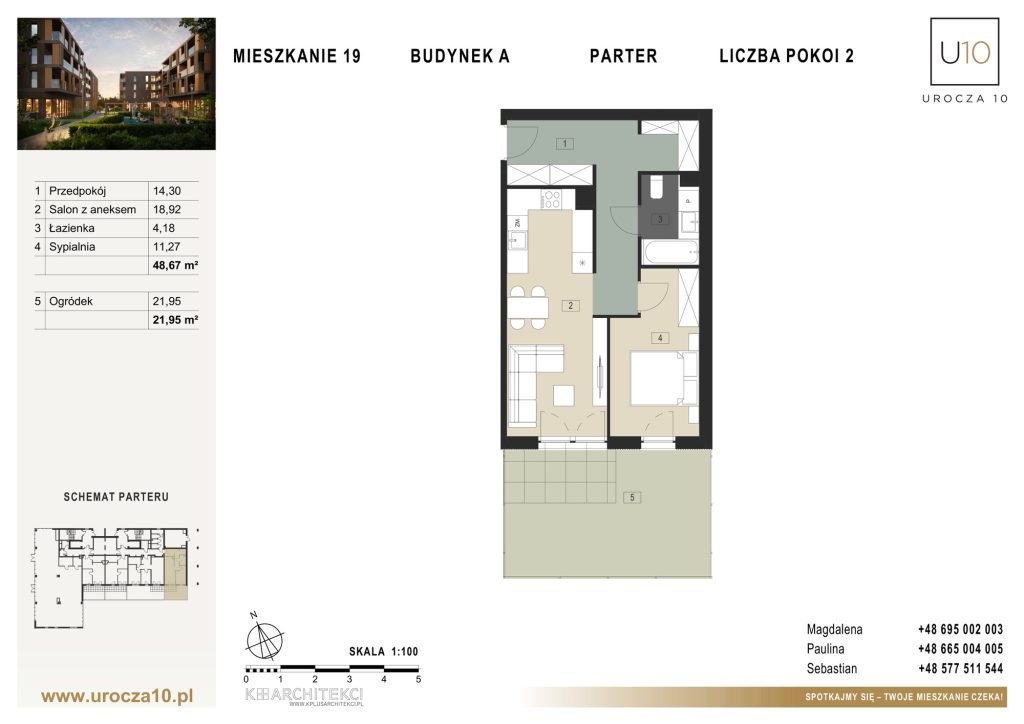 Rzut mieszkania A.19 — Mieszkanie 19 • Budynek A • Parter • 2 pokoje