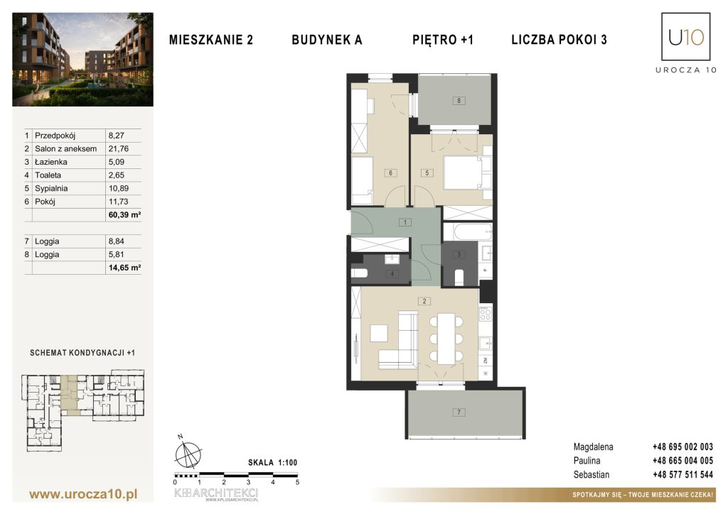 Rzut mieszkania A.02 — Mieszkanie 2 • Budynek A • Piętro +1 • 3 pokoje