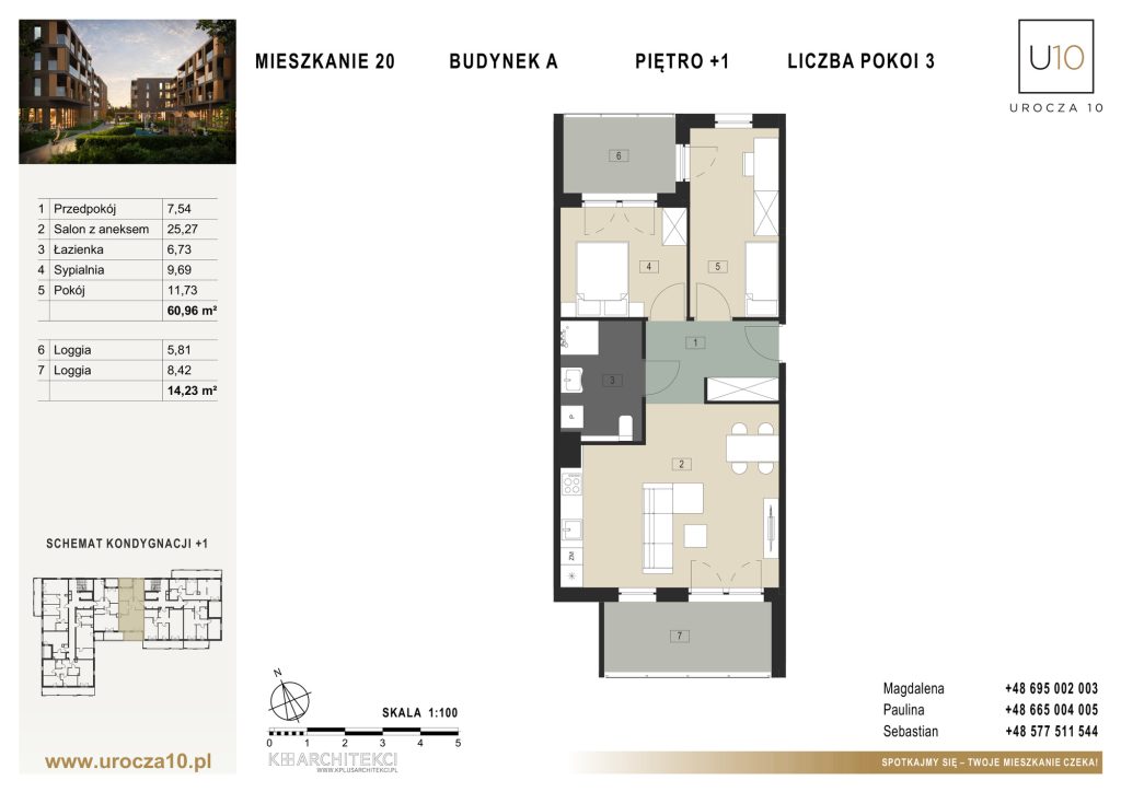 Rzut mieszkania A.20 — Mieszkanie 20 • Budynek A • Piętro +1 • 3 pokoje