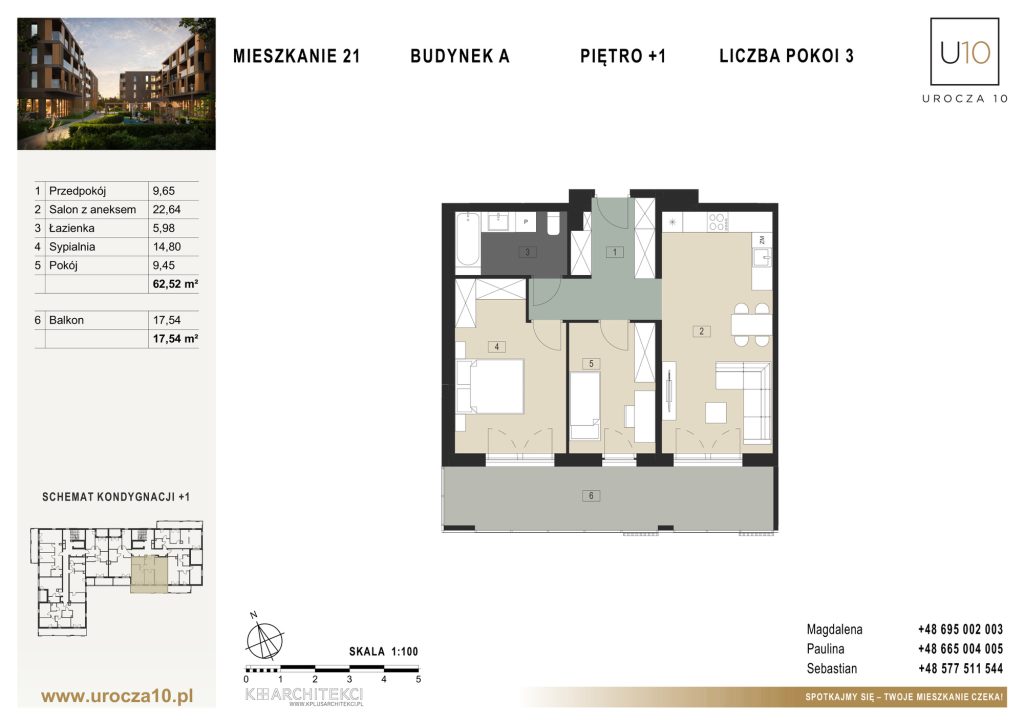 Rzut mieszkania A.21 — Mieszkanie 21 • Budynek A • Piętro +1 • 3 pokoje