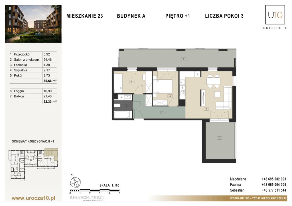 Rzut mieszkania A.23 — Mieszkanie 23 • Budynek A • Piętro +1 • 3 pokoje