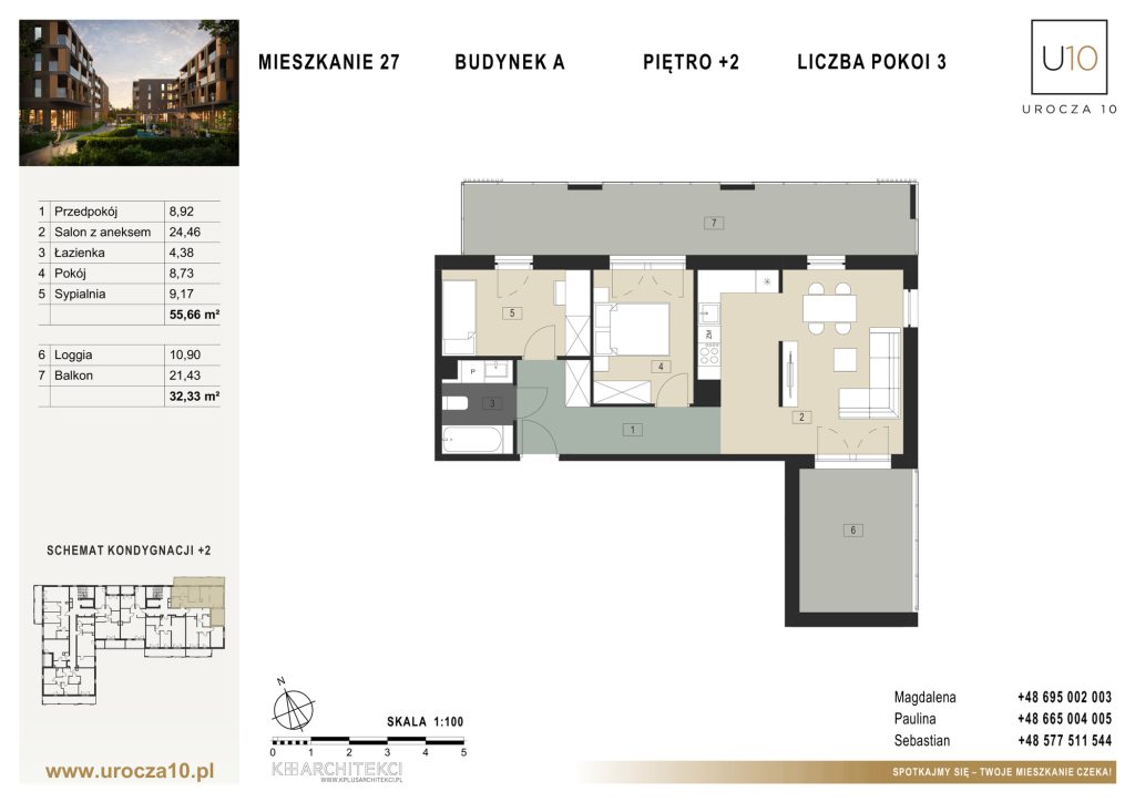 Rzut mieszkania A.27 — Mieszkanie 27 • Budynek A • Piętro +2 • 3 pokoje