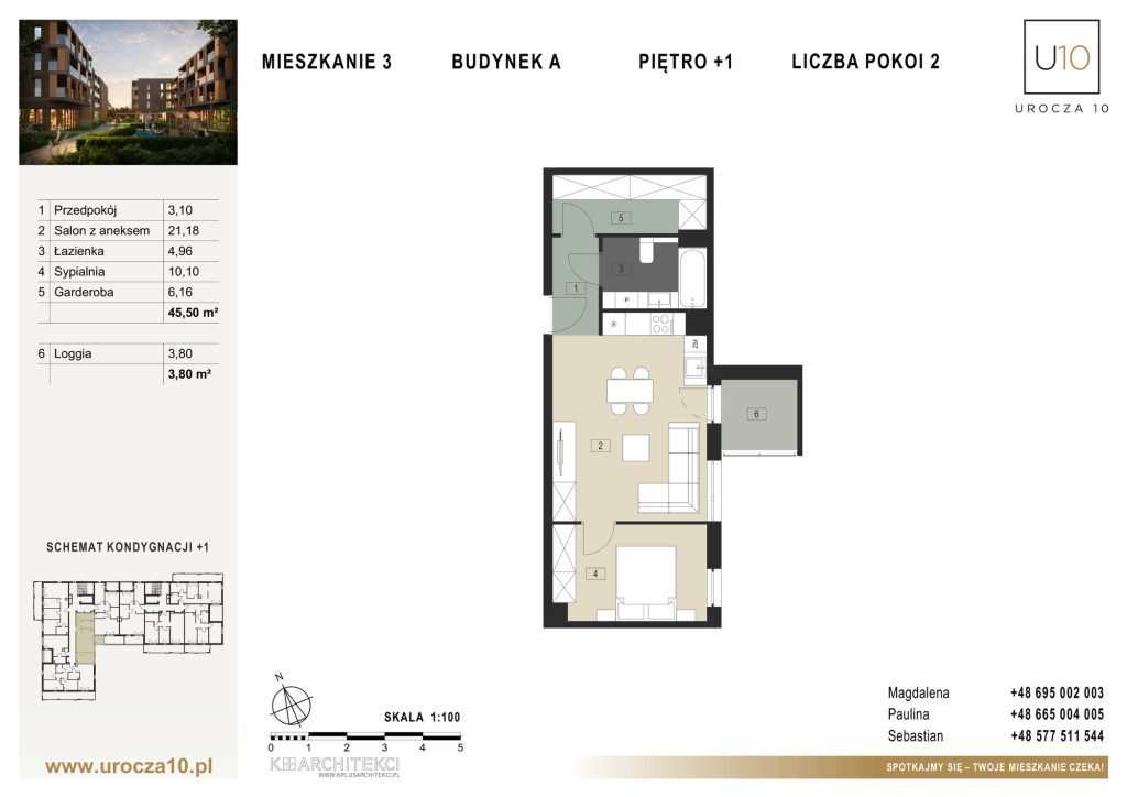 Rzut mieszkania A.03 — Mieszkanie 3 • Budynek A • Piętro +1 • 2 pokoje