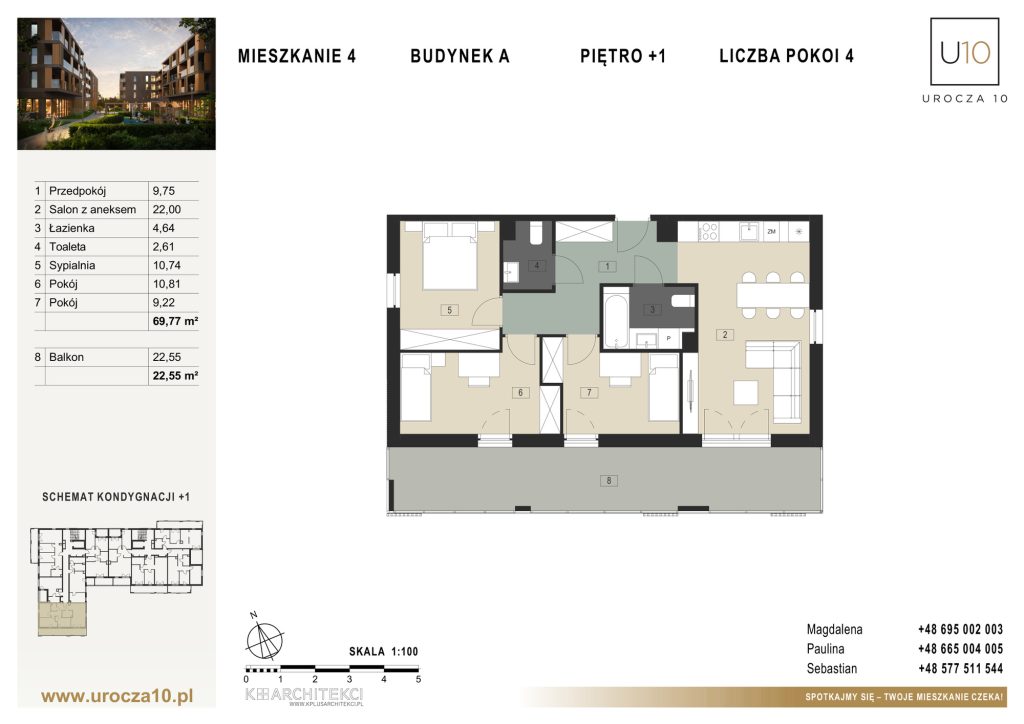 Rzut mieszkania A.04 — Mieszkanie 4 • Budynek A • Piętro +1 • 4 pokoje