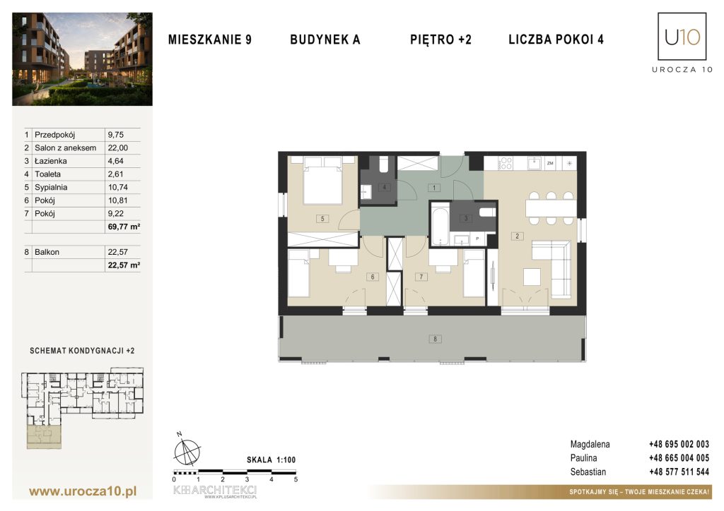Rzut mieszkania A.09 — Mieszkanie 9 • Budynek A • Piętro +2 • 4 pokoje