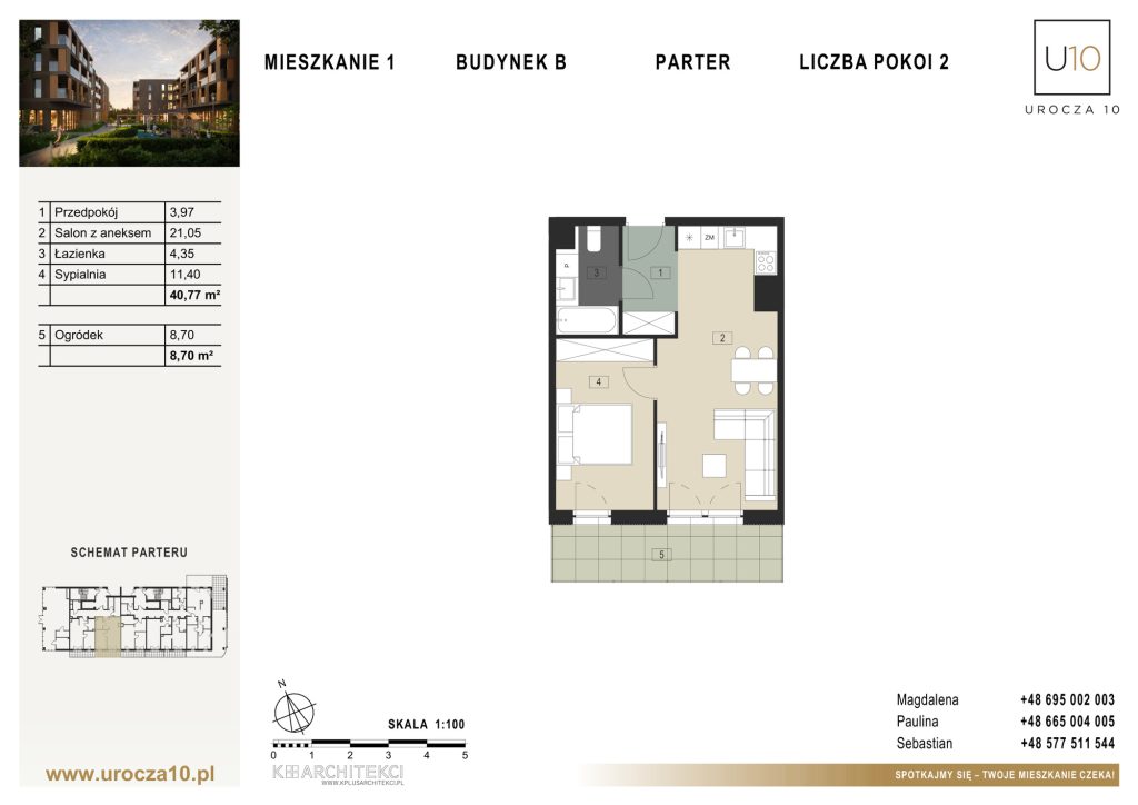 Rzut mieszkania B.01 — Mieszkanie 1 • Budynek B • Parter • 2 pokoje