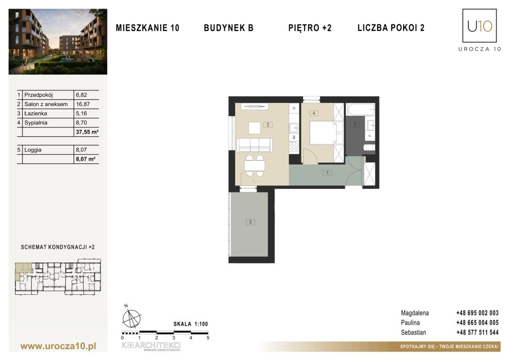Rzut mieszkania B.10 — Mieszkanie 10 • Budynek B • Piętro +2 • 2 pokoje