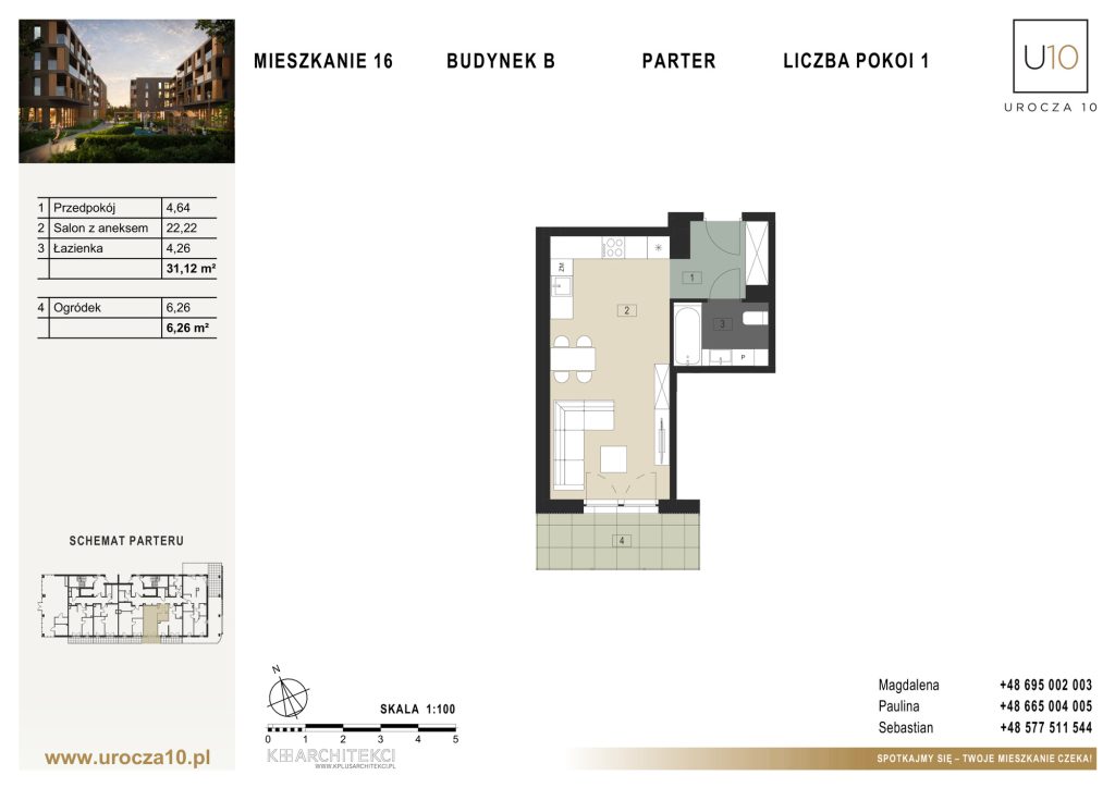 Rzut mieszkania B.16 — Mieszkanie 16 • Budynek B • Parter • 1 pokój