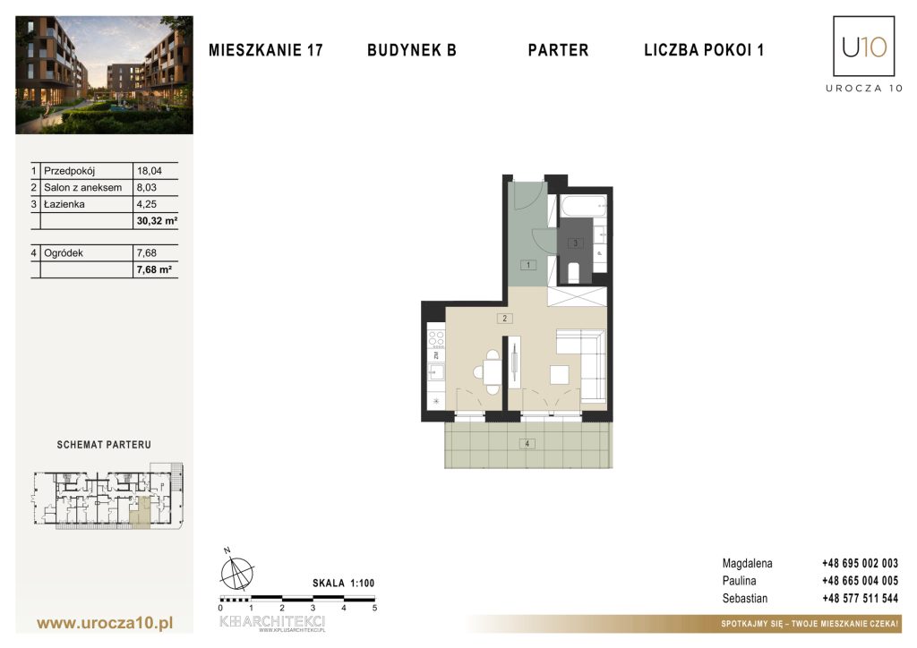 Rzut mieszkania B.17 — Mieszkanie 17 • Budynek B • Parter • 1 pokój