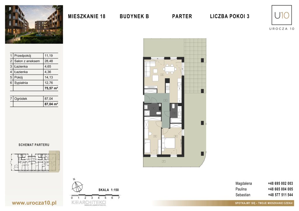 Rzut mieszkania B.18 — Mieszkanie 18 • Budynek B • Parter • 3 pokoje