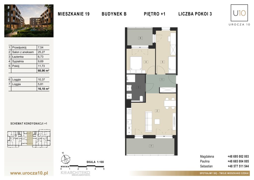 Rzut mieszkania B.19 — Mieszkanie 19 • Budynek B • Piętro +1 • 3 pokoje