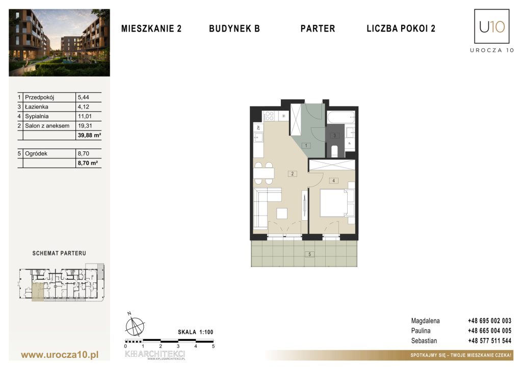 Rzut mieszkania B.02 — Mieszkanie 2 • Budynek B • Parter • 2 pokoje