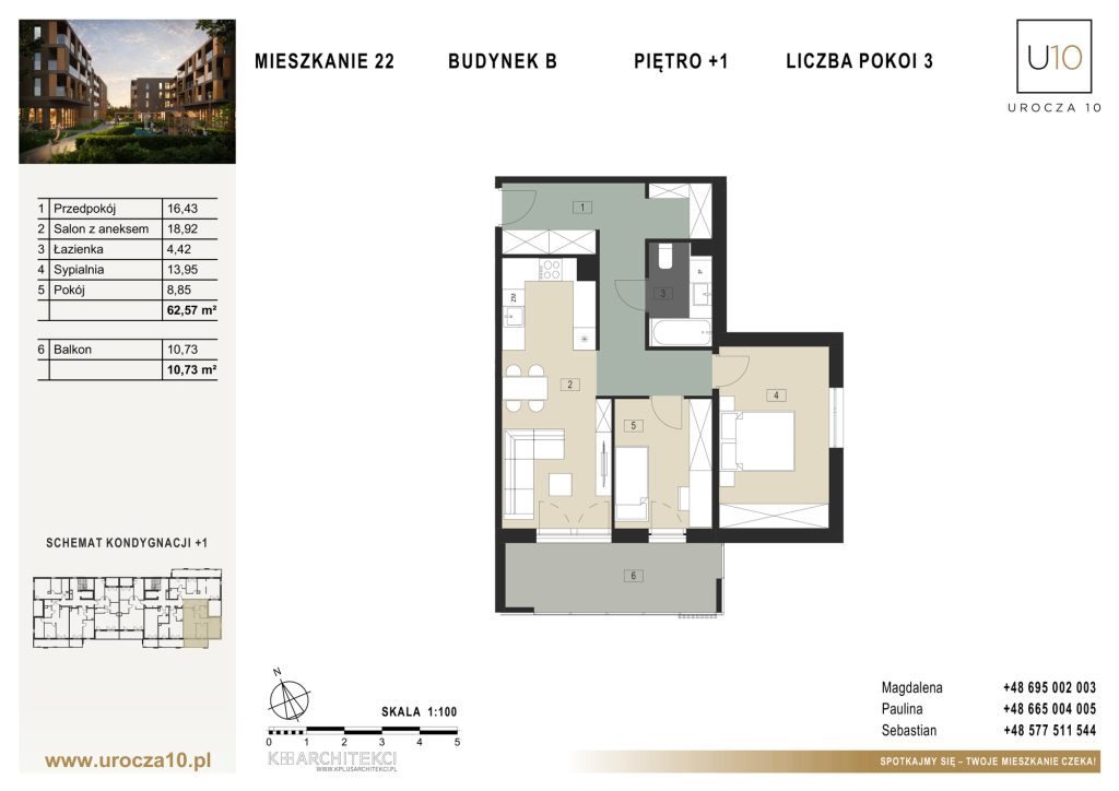 Rzut mieszkania B.22 — Mieszkanie 22 • Budynek B • Piętro +1 • 3 pokoje