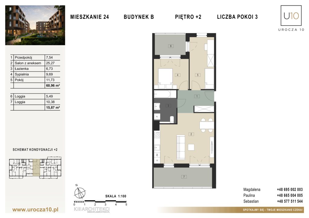 Rzut mieszkania B.24 — Mieszkanie 24 • Budynek B • Piętro +2 • 3 pokoje