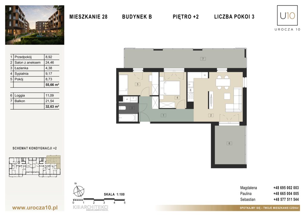 Rzut mieszkania B.28 — Mieszkanie 28 • Budynek B • Piętro +2 • 3 pokoje