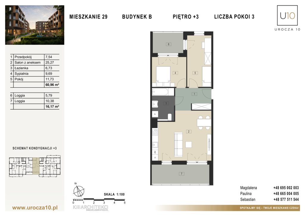 Rzut mieszkania B.29 — Mieszkanie 29 • Budynek B • Piętro +3 • 3 pokoje
