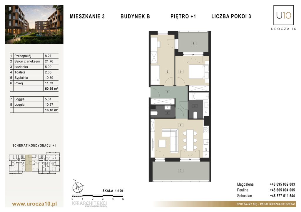 Rzut mieszkania B.03 — Mieszkanie 3 • Budynek B • Piętro +1 • 3 pokoje
