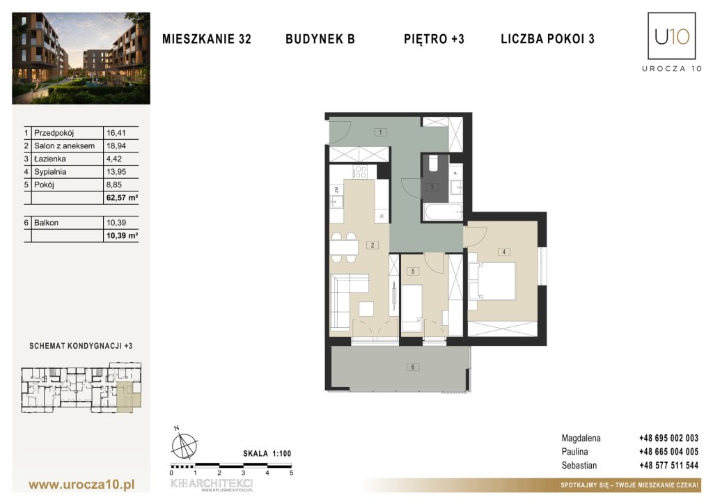 Rzut mieszkania B.32 — Mieszkanie 32 • Budynek B • Piętro +3 • 3 pokoje