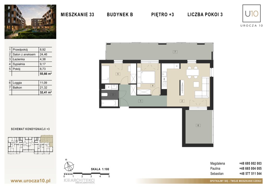Rzut mieszkania B.33 — Mieszkanie 33 • Budynek B • Piętro +3 • 3 pokoje