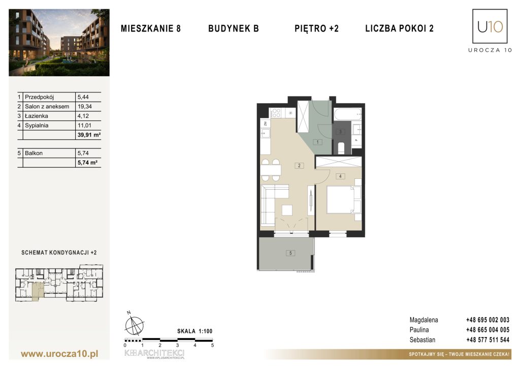 Rzut mieszkania B.08 — Mieszkanie 8 • Budynek B • Piętro +2 • 2 pokoje