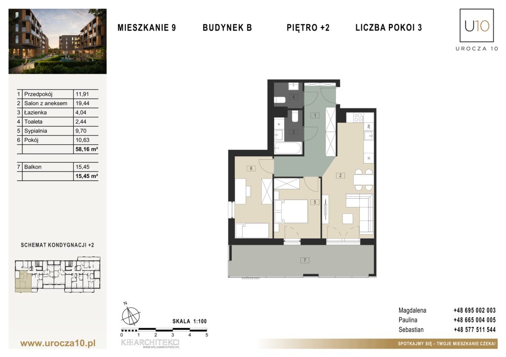 Rzut mieszkania B.09 — Mieszkanie 9 • Budynek B • Piętro +2 • 3 pokoje